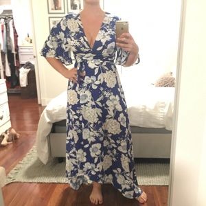 Blue and white floral v neck wrap maxi dress